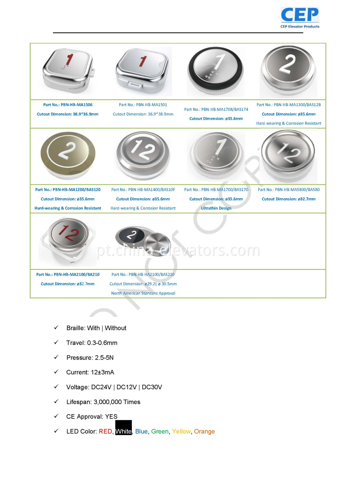 Família de botão de elevador Elevator Push Button Family